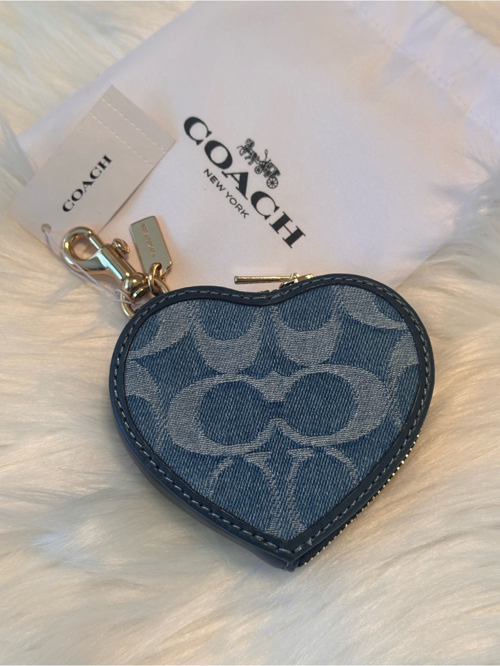 Coach Heart-Shaped Denim Signature Coin Purse Keychain Bag Charm